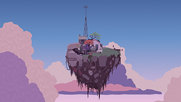 Cloud Garden. An island floating in the sky, in front of purple clouds. The island contains a radio tower, a small house, a goat, and some plants.