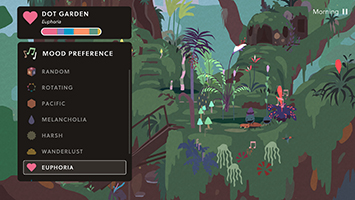 Garden Mode controls. The screen shows two round blue creatures, The Dots, playing with a beetle atop a giant tree. In front of the scene is a 'Mood Preference' menu with seven buttons, and the current selected one says 'Euphoria'.