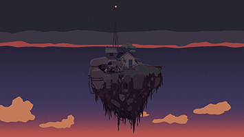 Cloud Garden at sunset. A floating island, in front of red-blue gradient sky. The island contains a radio tower, a small house, and some plants.