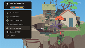 Garden Mode controls. The screen shows a mysterious man in front of a small house, tending a garden. In front of the scene is a menu with seven buttons, and the current selected one says 'Seed Sharing'.