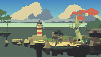Harbour Garden. A panorama shot of plants and trees on a sandy beach, with a small lighthouse on the left.