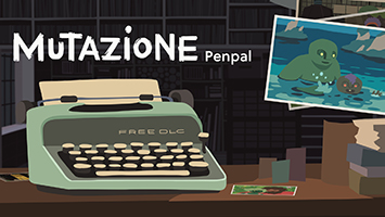 Mutazione Penpal banner image. A green typewriter has the lettering 'Free DLC'. In the top right is a photo of Tung swimming with his son..